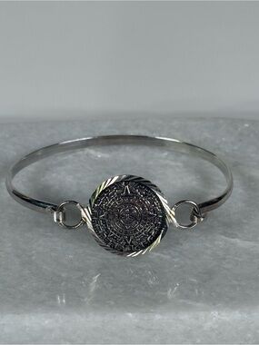 Sterling Silver Aztec Calendar Bangle Bracelet